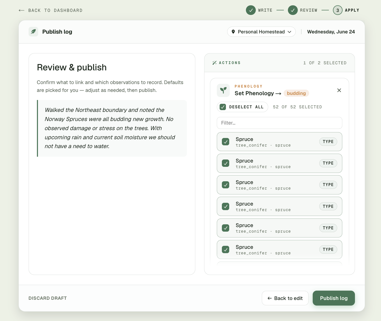 The review-and-publish step of a field log: a written observation that the spruces are budding, with a Set Phenology action queued to apply a budding stage to all the matching spruce trackables before the log is published.