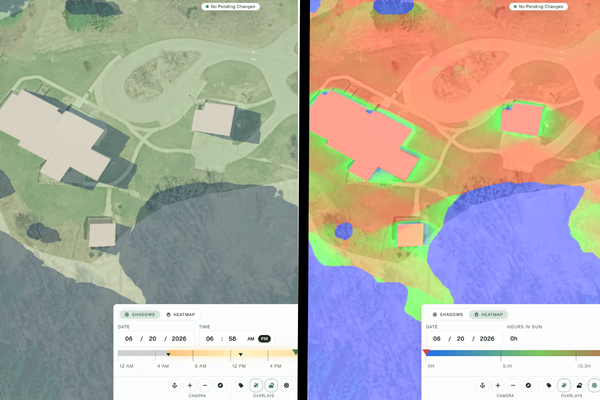 A side-by-side comparison of the same property: a shadow simulation showing building and tree shadows cast at a chosen time of day, next to a sun-exposure heatmap showing cumulative daily sunlight per zone as a warm-to-cool gradient.