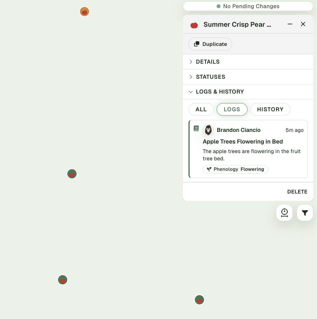 A trackable detail card open over the map for a fruit tree — its details, statuses, and a logs-and-history timeline showing a dated entry tagged with a phenology stage.